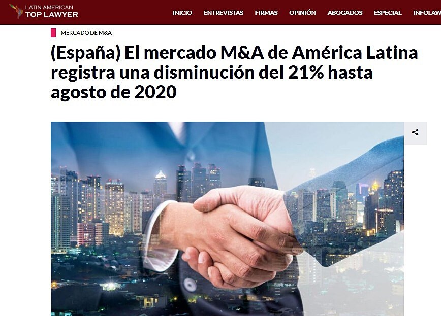 El mercado M&A de Amrica Latina registra una disminucin del 21% hasta agosto de 2020